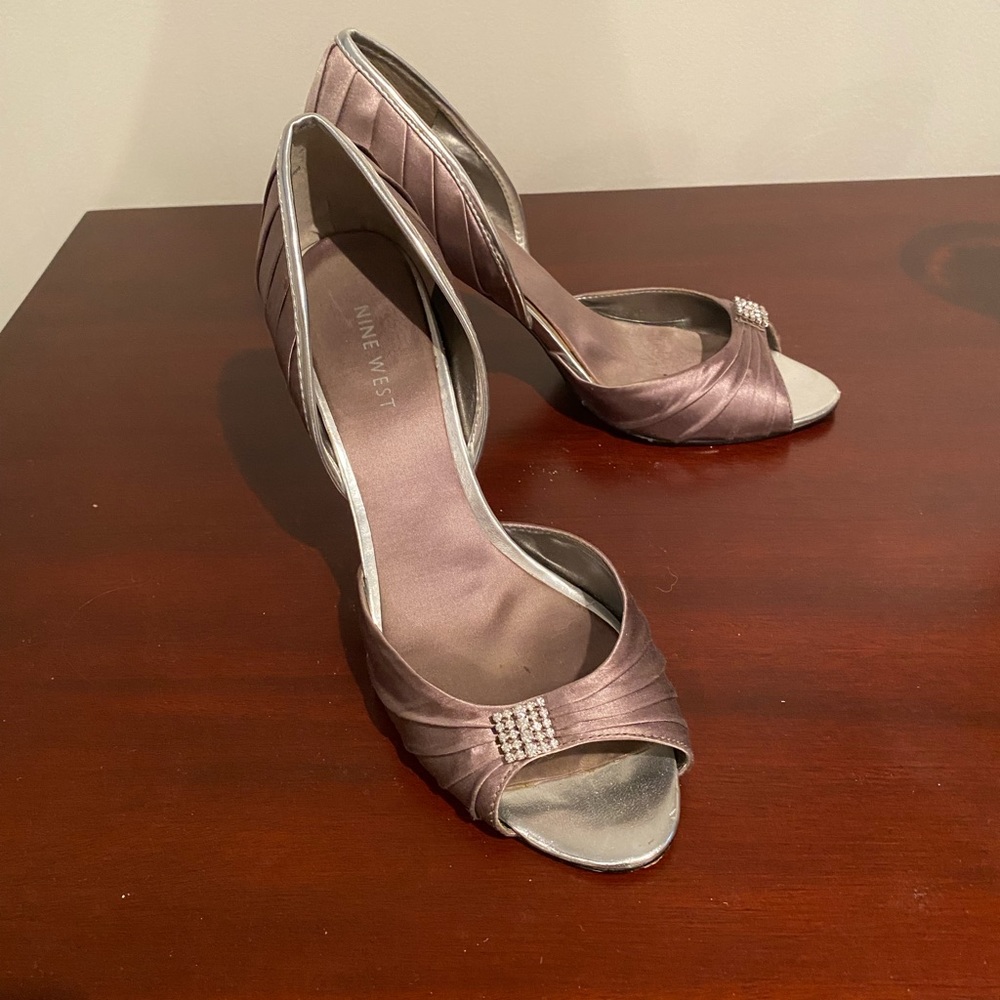 Platinum peep toe pumps with rhinestone